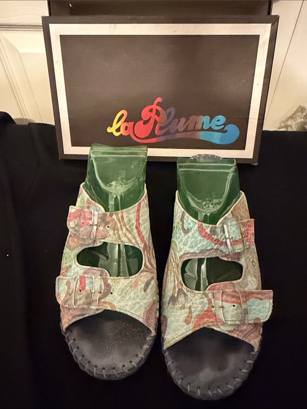 La Plume Floral Print Green Women's Buckle Sandals